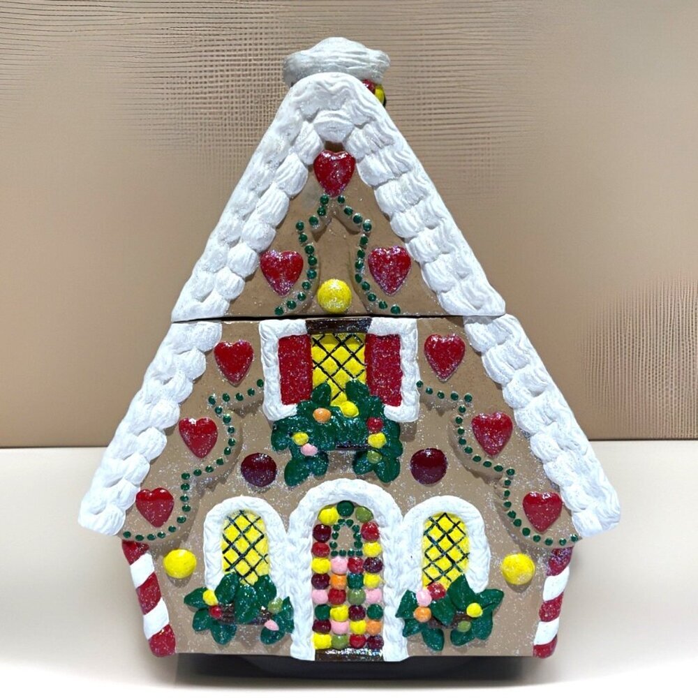 Vintage Handcrafted Gingerbread House Cookie Jar Canister Colorful Glitter 9"